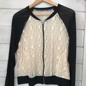 Trendy Sheer Cream & Black lace zip up jacket